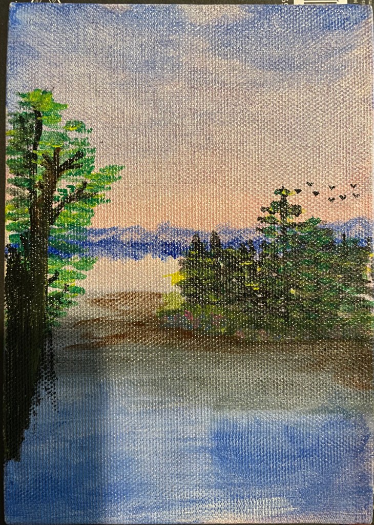 Original Artwork by the author - a scenery with trees and mountains, rivers and birds in the surrounding. 